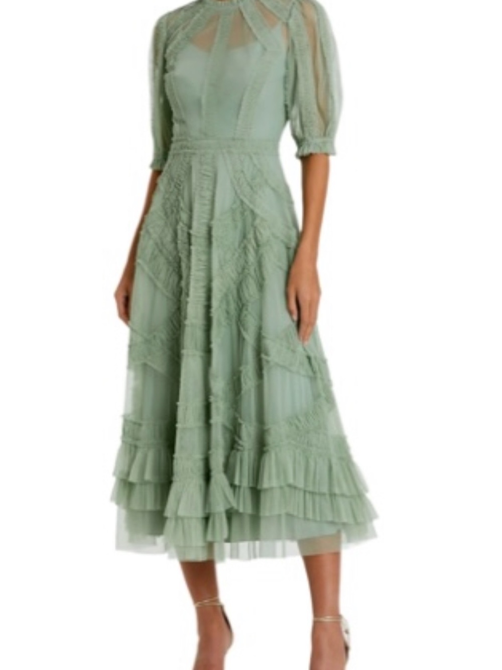 Mac Duggal Sage Green Midi Dress with Ruffle Tiers
